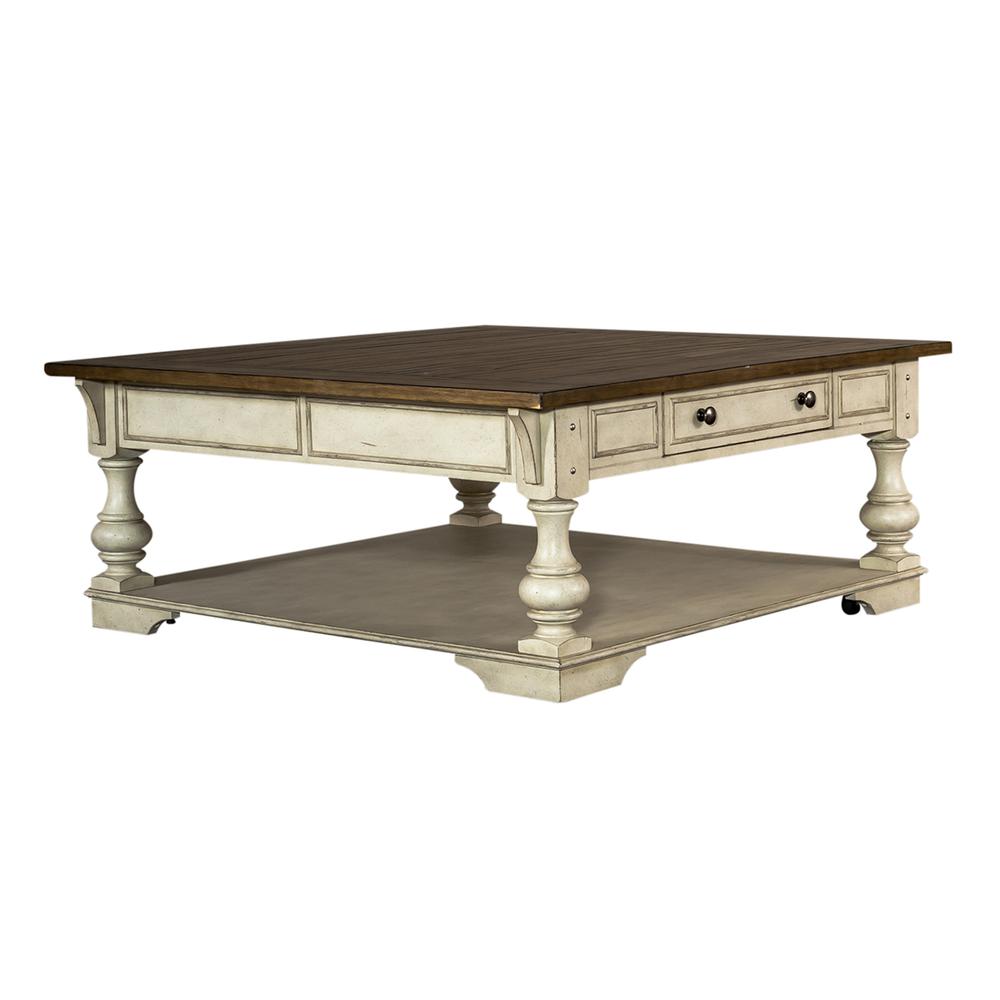 Drawer Square Cocktail Table Antique White w/ Wirebrushed Tobacco Accents. Picture 1