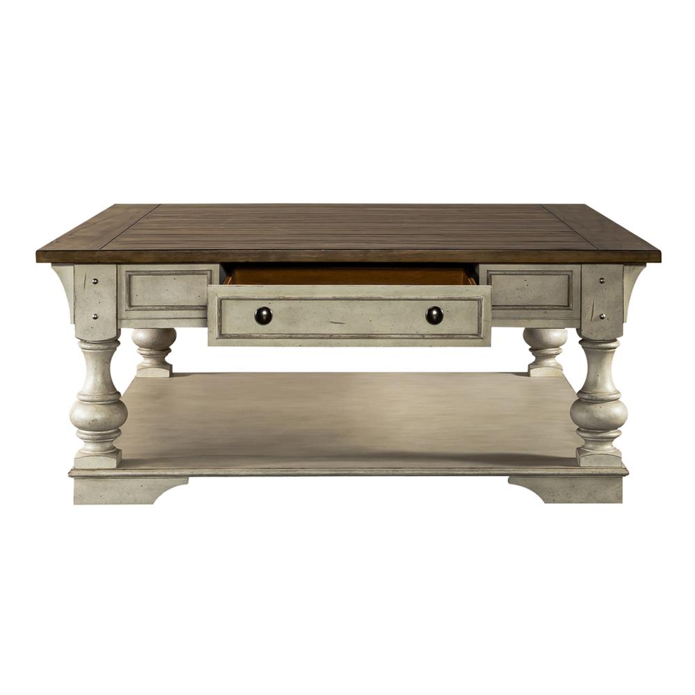 Drawer Square Cocktail Table Antique White w/ Wirebrushed Tobacco Accents. Picture 6
