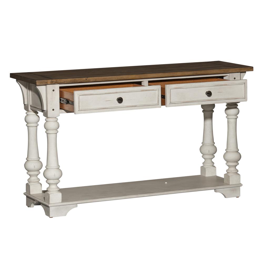 Morgan Creek Sofa Table in Antique White w/ Wirebrushed Tobacco Accents. Picture 5