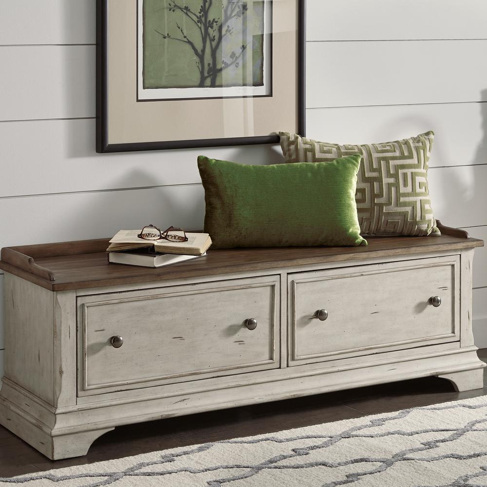 Morgan Creek Storage Hall Bench in Antique White w/ Wirebrushed Tobacco Accents. Picture 2