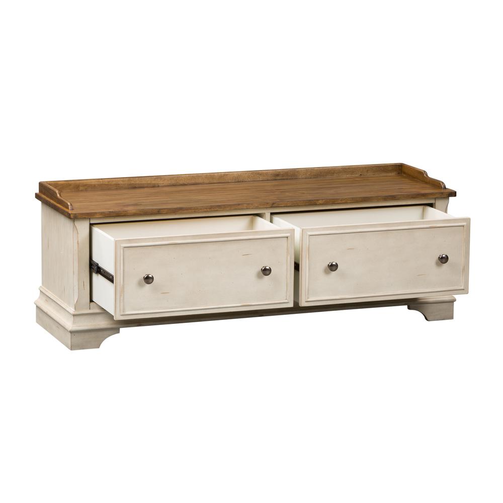 Morgan Creek Storage Hall Bench in Antique White w/ Wirebrushed Tobacco Accents. Picture 9