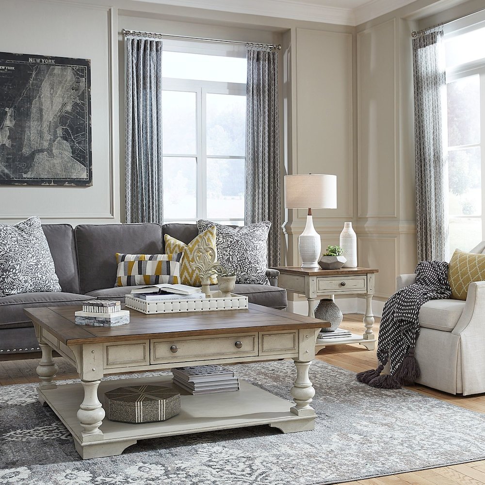 3 PcLiving Room Set - Wood Cocktail Table, 2 End Tables - Antique White Tobacco. Picture 2