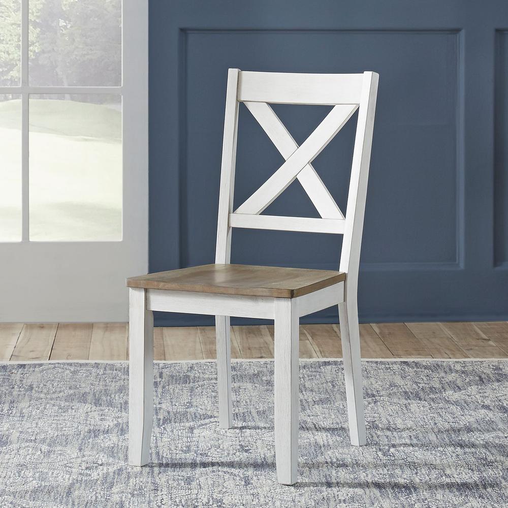 Lakeshore X Back Side Chair- White (RTA) in Wirebrushed White w/ Wood Tone Top. Picture 4