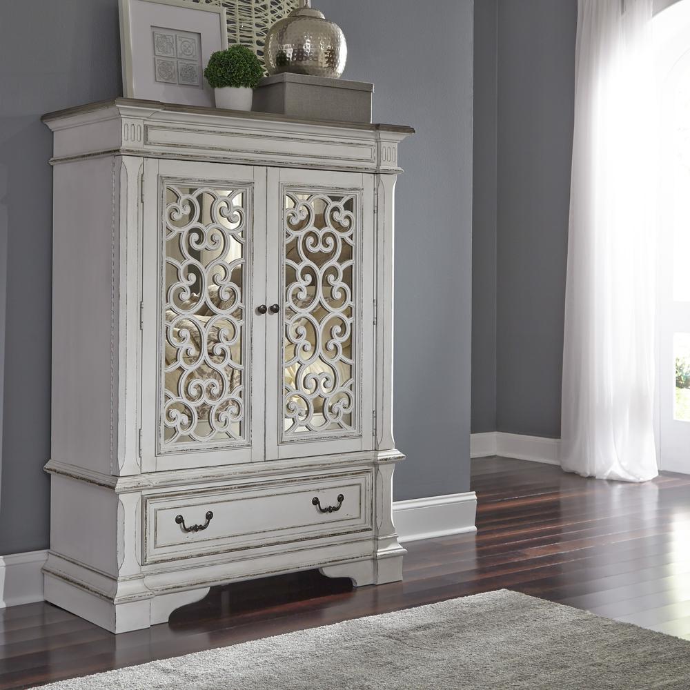 Abbey Park Mirrored Door Chest in Antique White. Picture 4