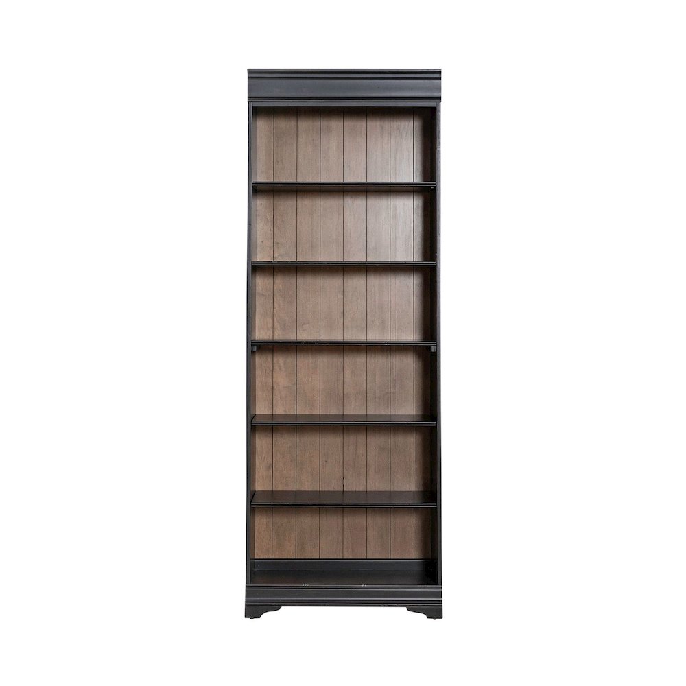 Meritage 84 Inch Bookcase for Home Office - Aged Charcoal w/ Rub Thru & Caramel. Picture 1