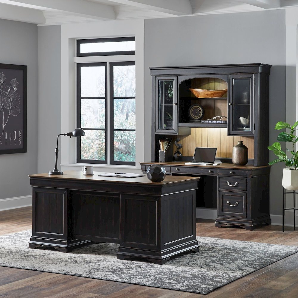 5 Piece Home Office Set with Desk, Credenza and Hutch - Aged Charcoal. Picture 9