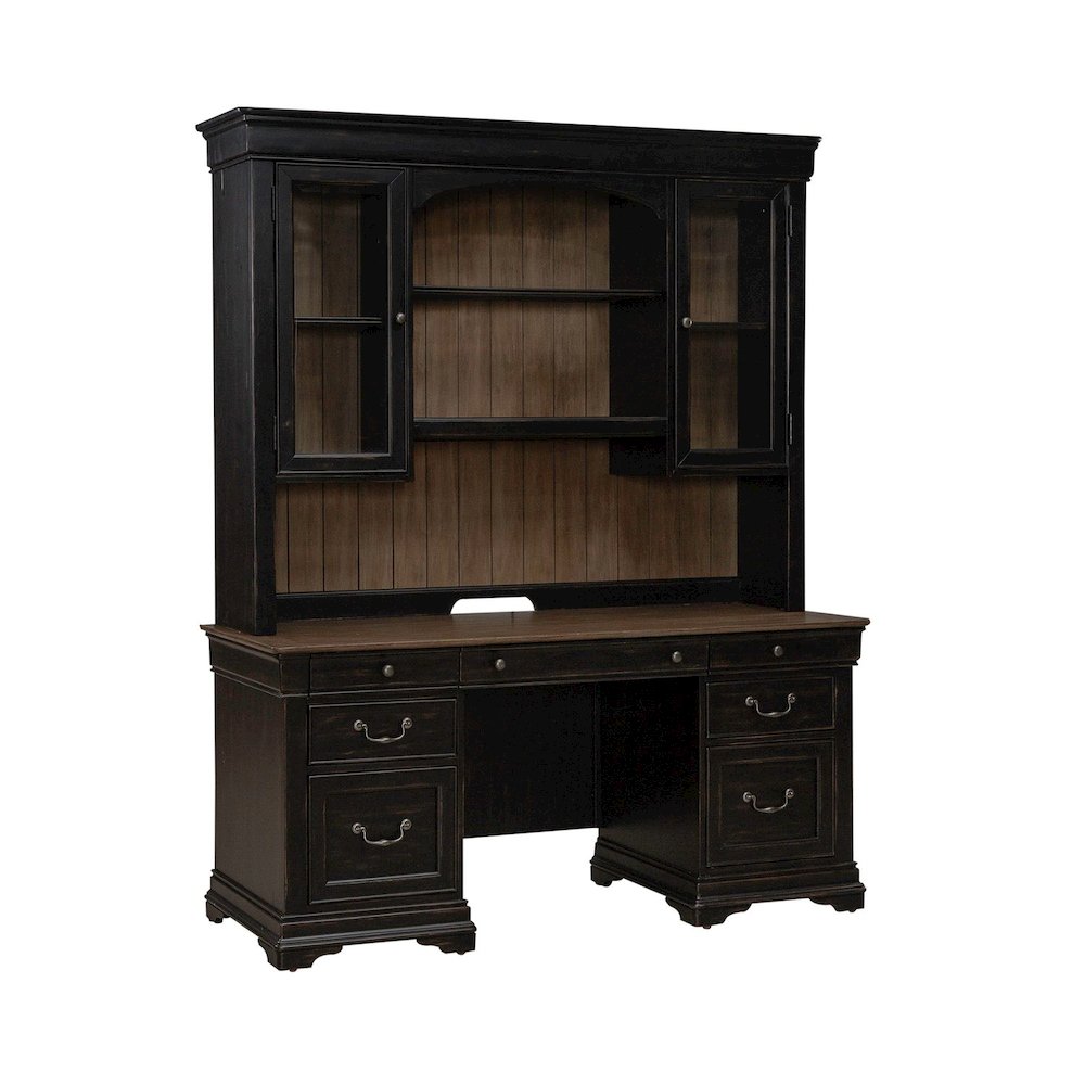 Meritage Credenza & Hutch Home Office Desk Set-Aged Charcoal, Rub Thru & Caramel. Picture 8