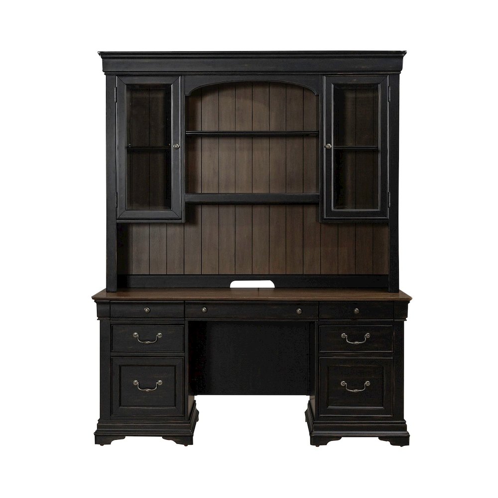 Meritage Credenza & Hutch Home Office Desk Set-Aged Charcoal, Rub Thru & Caramel. Picture 1
