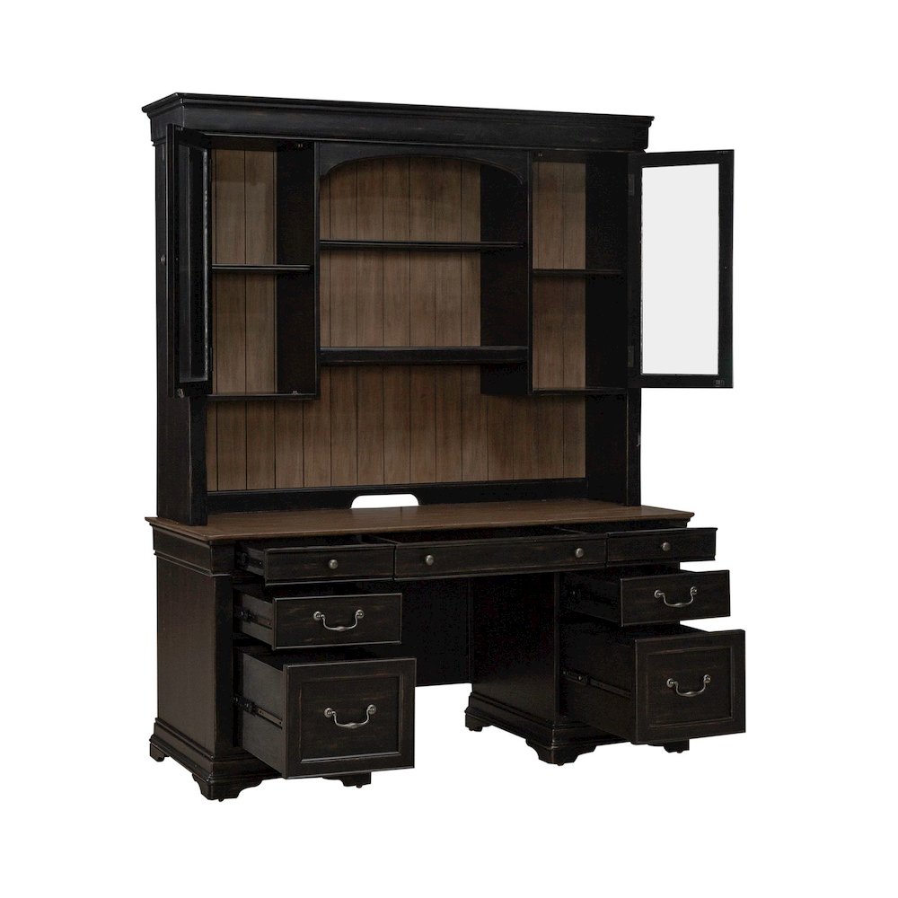 Meritage Credenza & Hutch Home Office Desk Set-Aged Charcoal, Rub Thru & Caramel. Picture 4