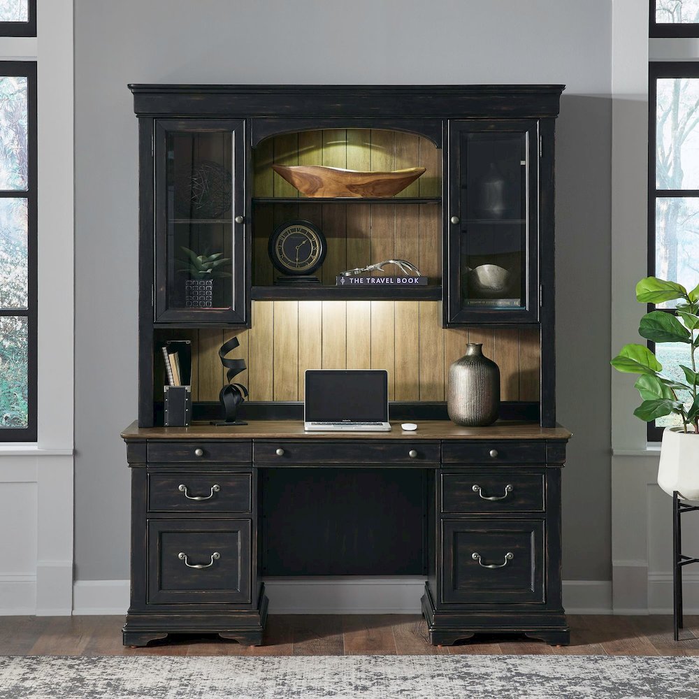 Meritage Credenza & Hutch Home Office Desk Set-Aged Charcoal, Rub Thru & Caramel. Picture 9