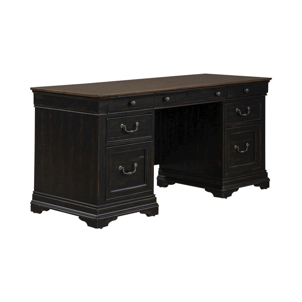 Credenza Desk for Home Office - Aged Charcoal, Rub Thru & Caramel. Picture 6