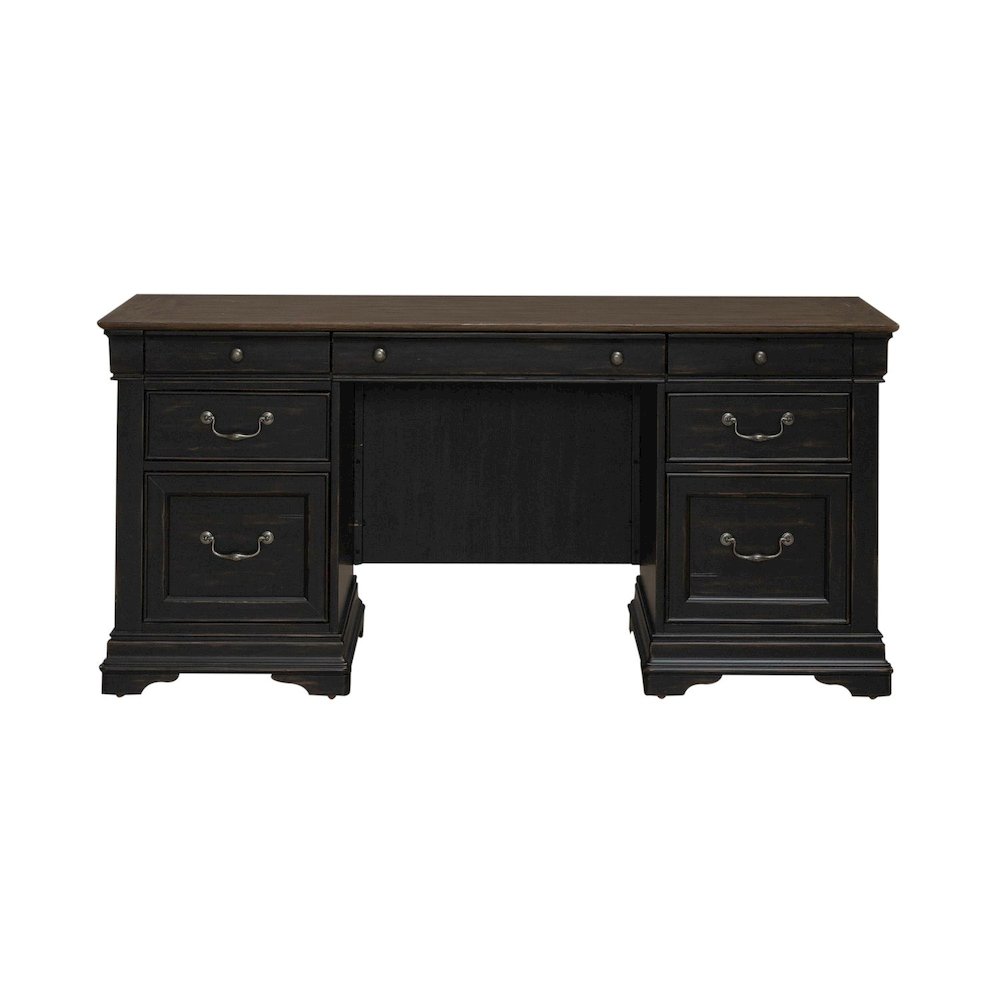 Credenza Desk for Home Office - Aged Charcoal, Rub Thru & Caramel. Picture 1