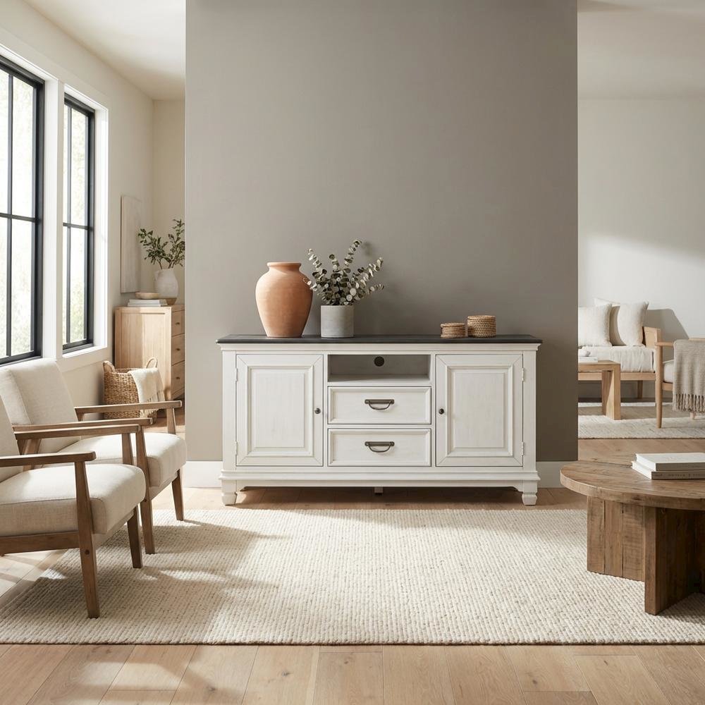 White Wirebrushed TV Console with Charcoal Top in Cottage Style. Picture 3