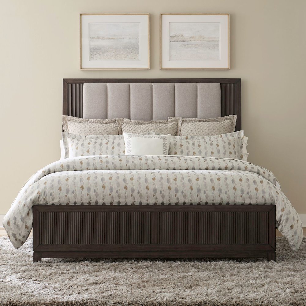 Modern Edge Queen Upholstered Bed, Dresser & Mirror, Chest Bedroom Set - Caffe. Picture 5