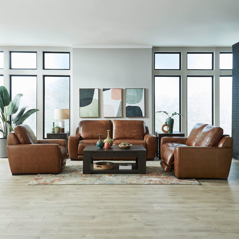 Blake Power Recline Set with Sofa, Loveseat & Recliner - Venetian Honey Leather. Picture 1