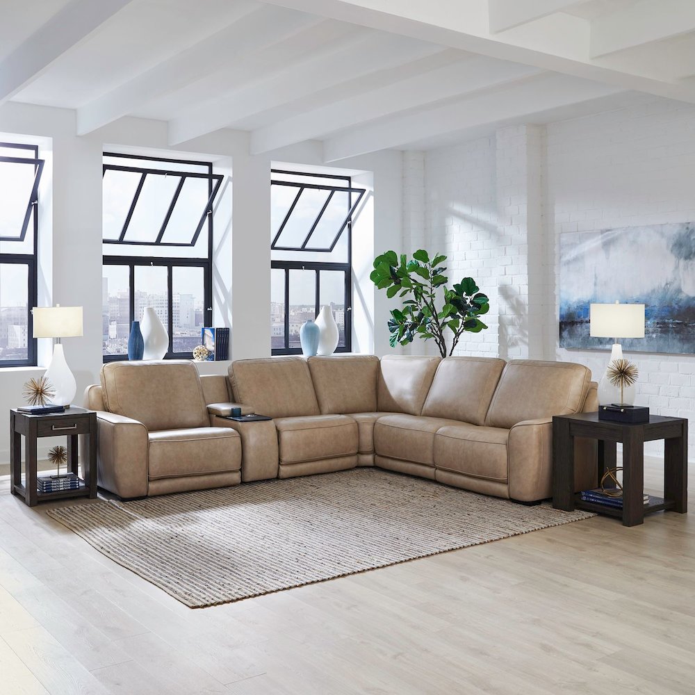 Blake Power Reclining 6 Piece Sectional Sofa - Sophia Oatmeal Leather. Picture 1