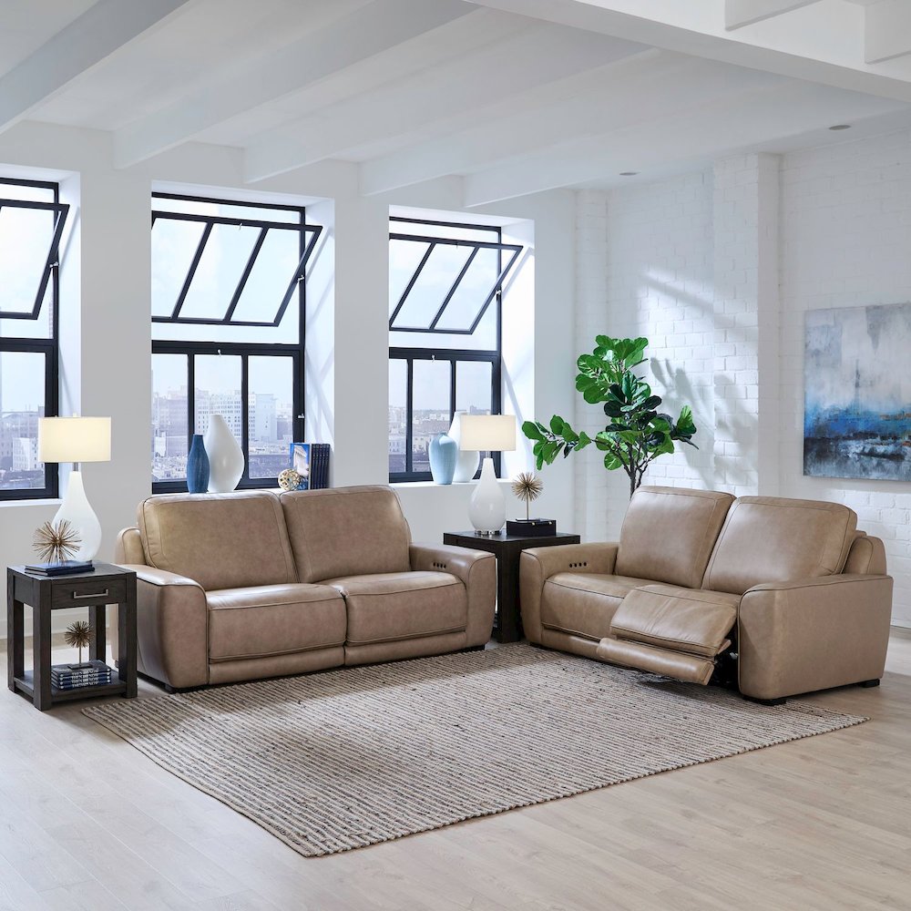 Blake Zero Wall Power Recline Set with Sofa & Loveseat - Sophia Oatmeal Leather. Picture 1