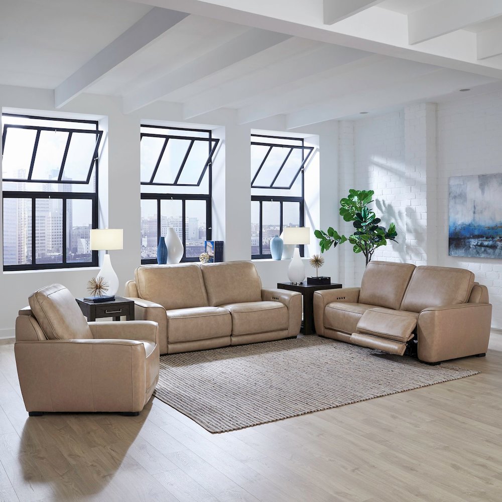 Blake Power Recline Set with Sofa, Loveseat & Recliner - Sophia Oatmeal Leather. Picture 1