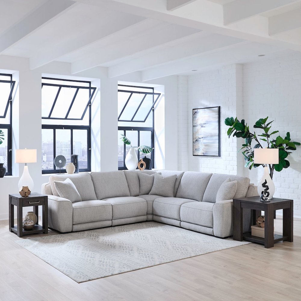 Blake Power Reclining 5 Piece Sectional Sofa - Estero Smoke Fabric. Picture 1