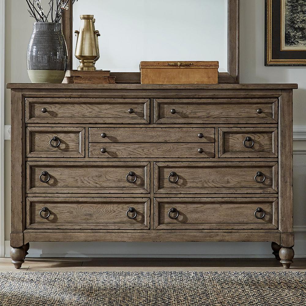 Americana Farmhouse 9 Drawer Dresser, Black in Dusty Taupe. Picture 2