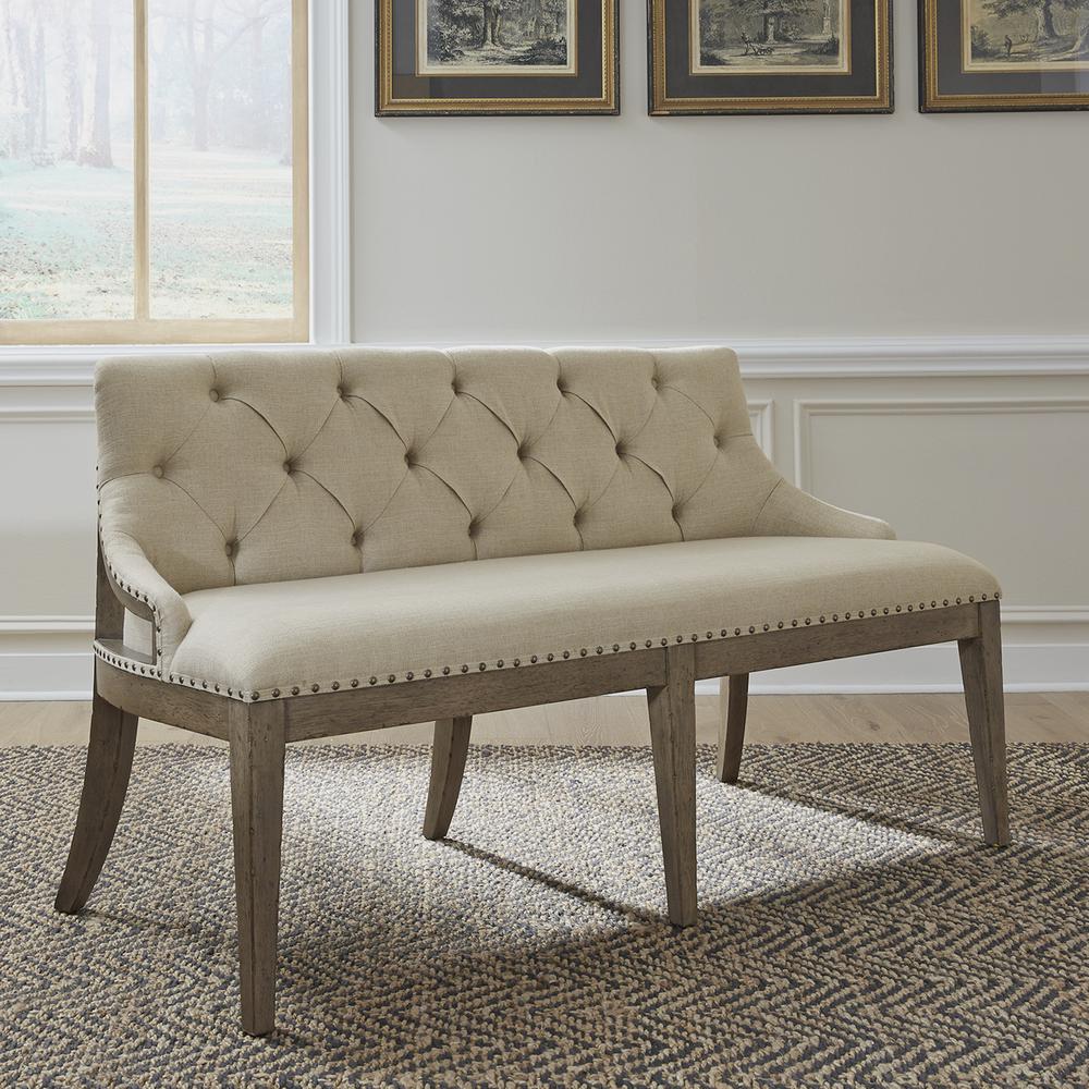 Americana Farmhouse Upholstered Shelter Dining Bench in Dusty Taupe. Picture 2