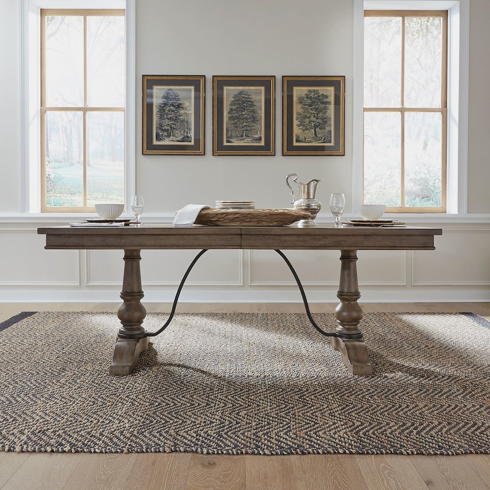 Trestle Table Set in Poplar & Rubberwood Solids w/ White Oak Veneers. Picture 1