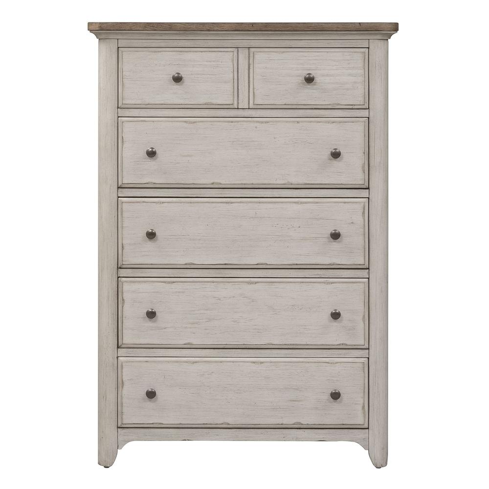 Farmhouse Reimagined 5 Drawer Chest in Antique White w/ Chestnut Top. Picture 1
