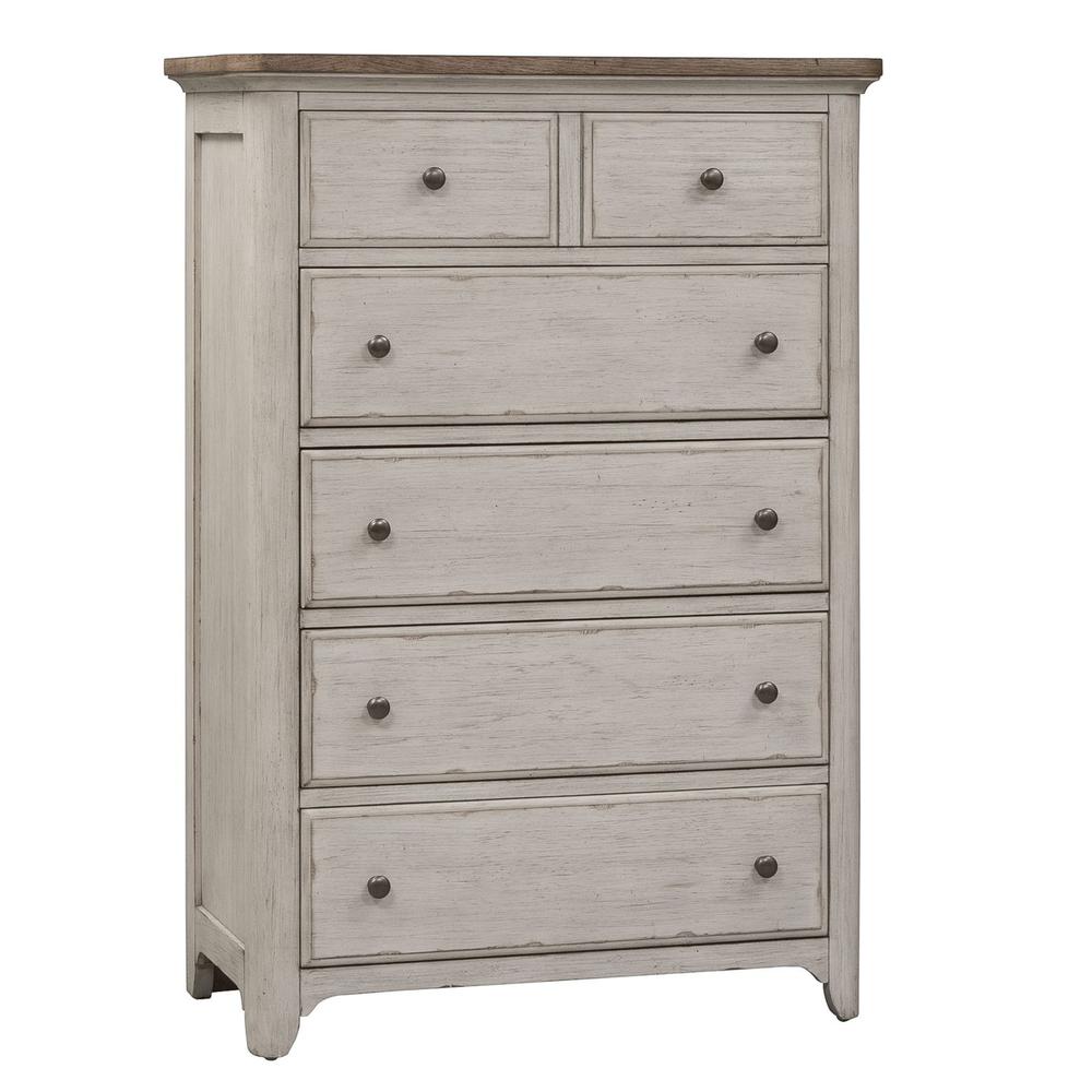 Farmhouse Reimagined 5 Drawer Chest in Antique White w/ Chestnut Top. Picture 2