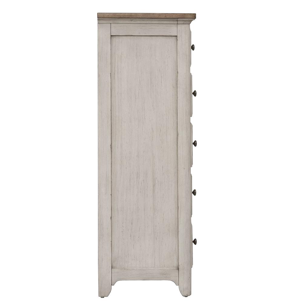 Farmhouse Reimagined 5 Drawer Chest in Antique White w/ Chestnut Top. Picture 3
