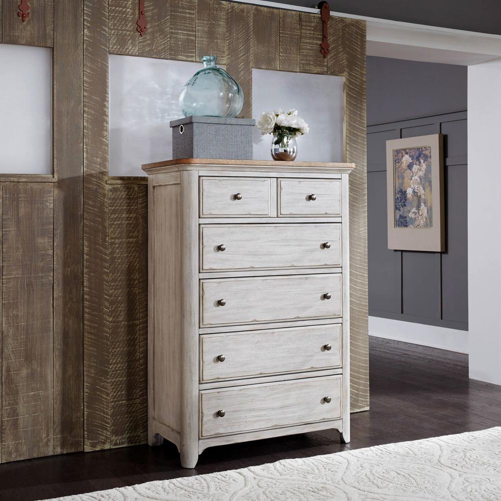 Farmhouse Reimagined 5 Drawer Chest in Antique White w/ Chestnut Top. Picture 4
