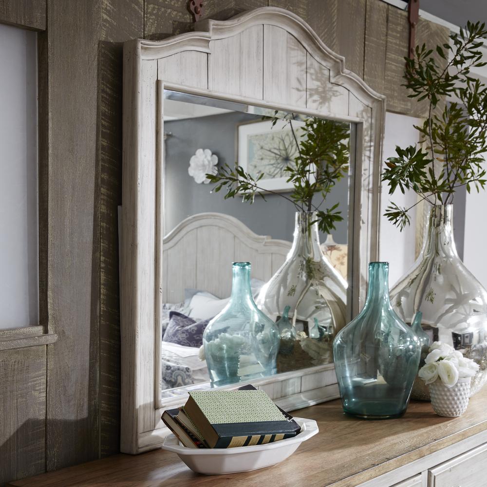 Farmhouse Reimagined Mirror in Antique White w/ Chestnut Top. Picture 2