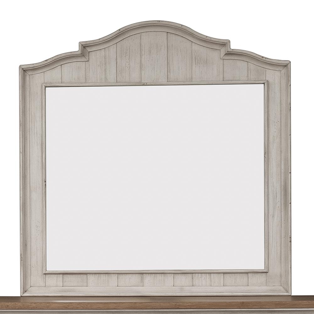 Farmhouse Reimagined Mirror in Antique White w/ Chestnut Top. Picture 1