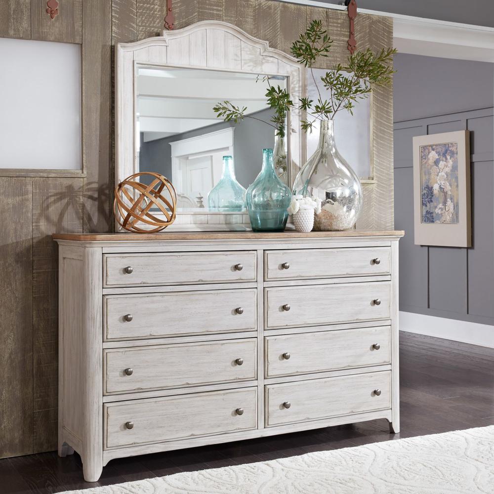Farmhouse Reimagined Dresser & Mirror in Antique White w/ Chestnut Top. Picture 2