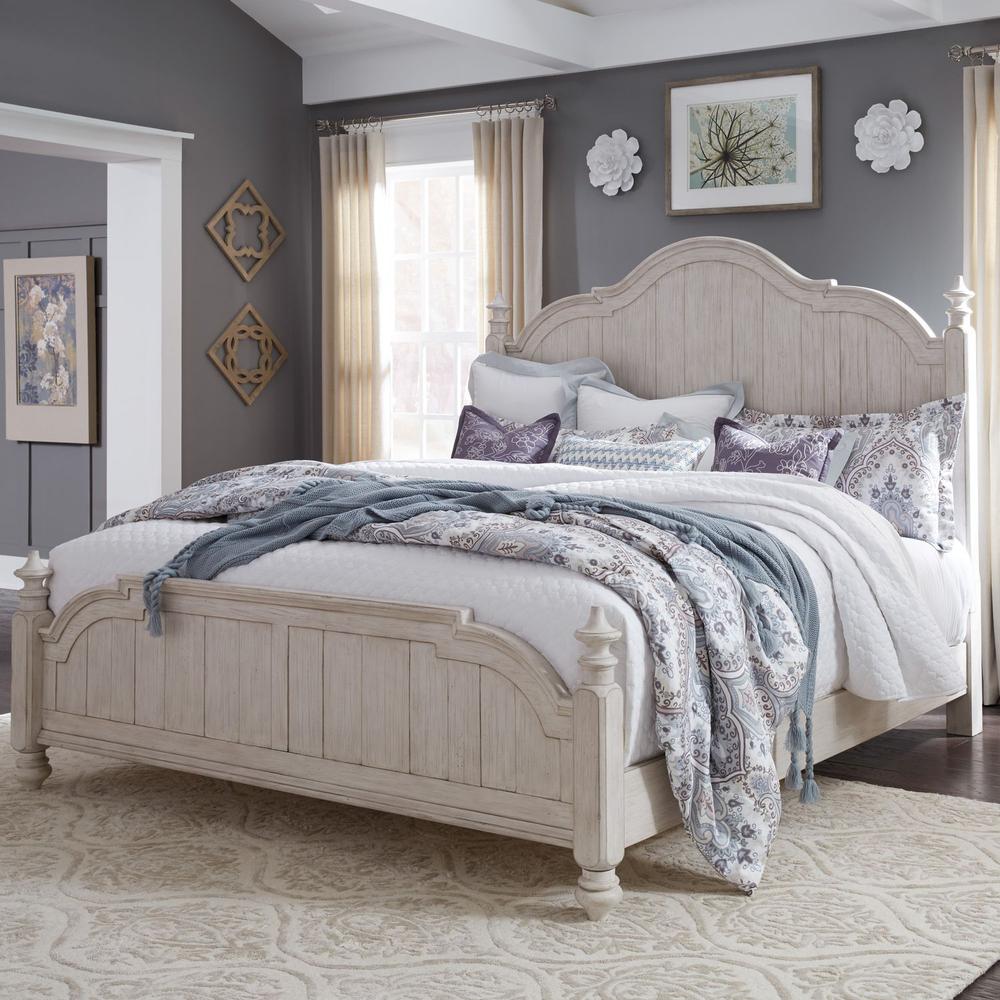 Farmhouse Reimagined King Poster Bed in Antique White w/ Chestnut Top. Picture 2