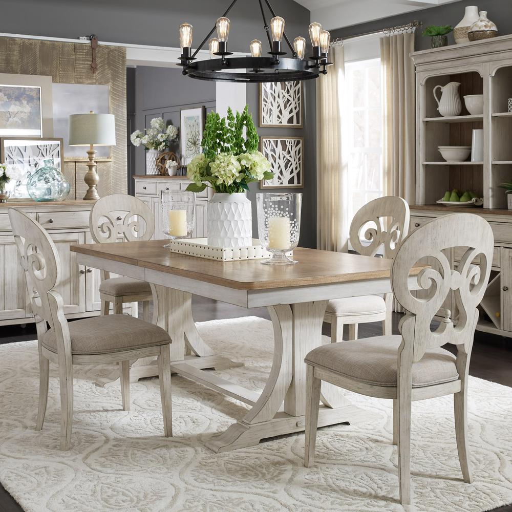 Farmhouse Reimagined 7 Piece Trestle Table Set in Antique White w/ Chestnut Top. Picture 1