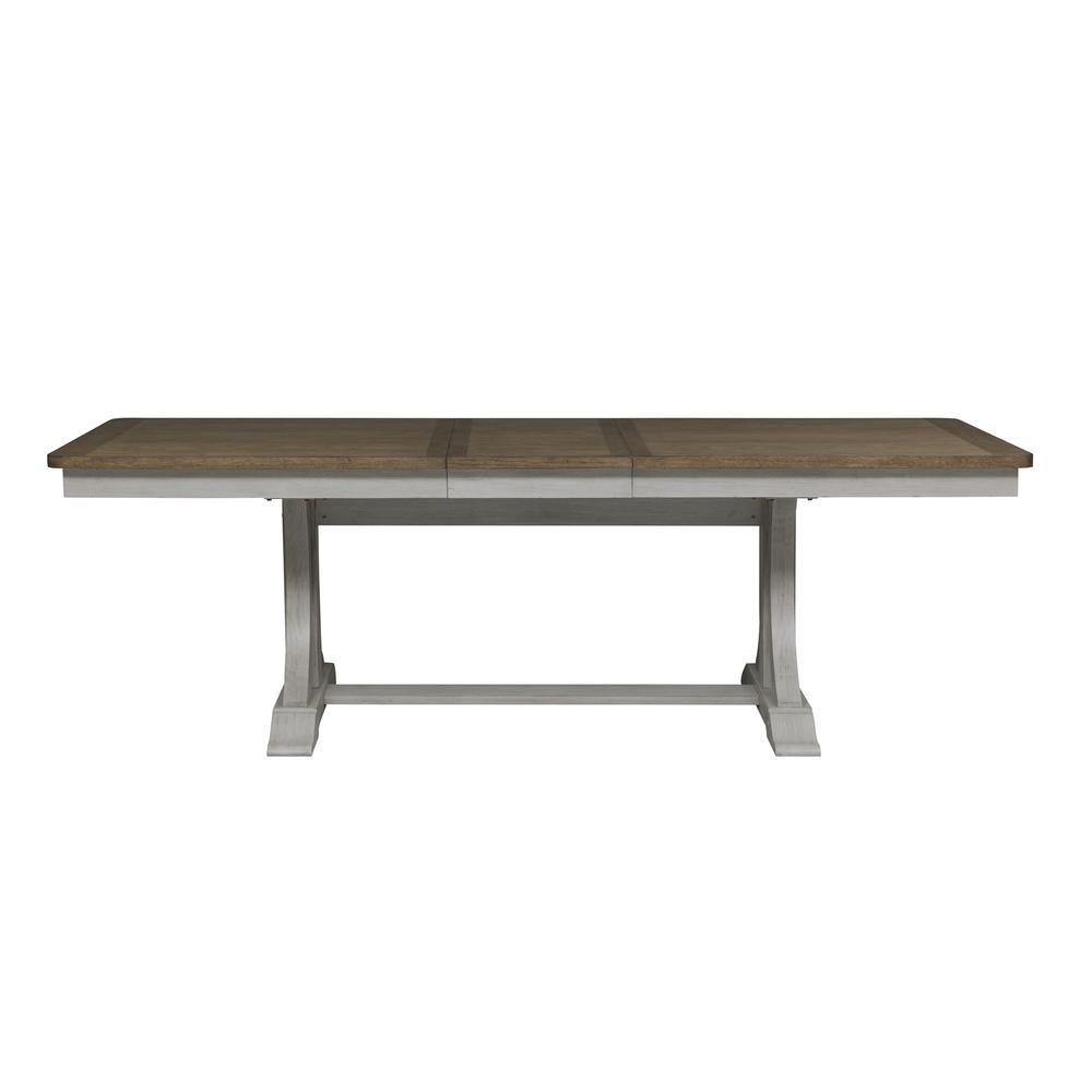 Farmhouse Reimagined 7 Piece Trestle Table Set in Antique White w/ Chestnut Top. Picture 3