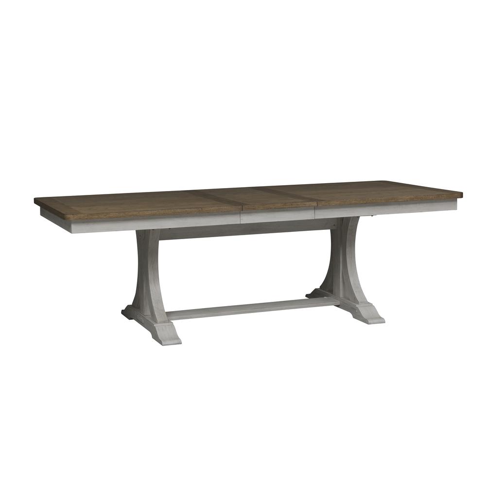 Farmhouse Reimagined 7 Piece Trestle Table Set in Antique White w/ Chestnut Top. Picture 4