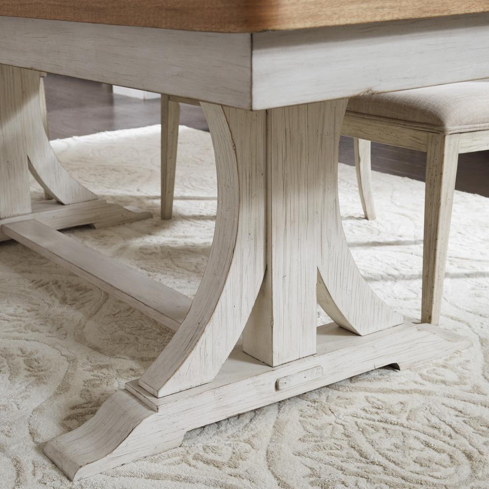 Farmhouse Reimagined 7 Piece Trestle Table Set in Antique White w/ Chestnut Top. Picture 5