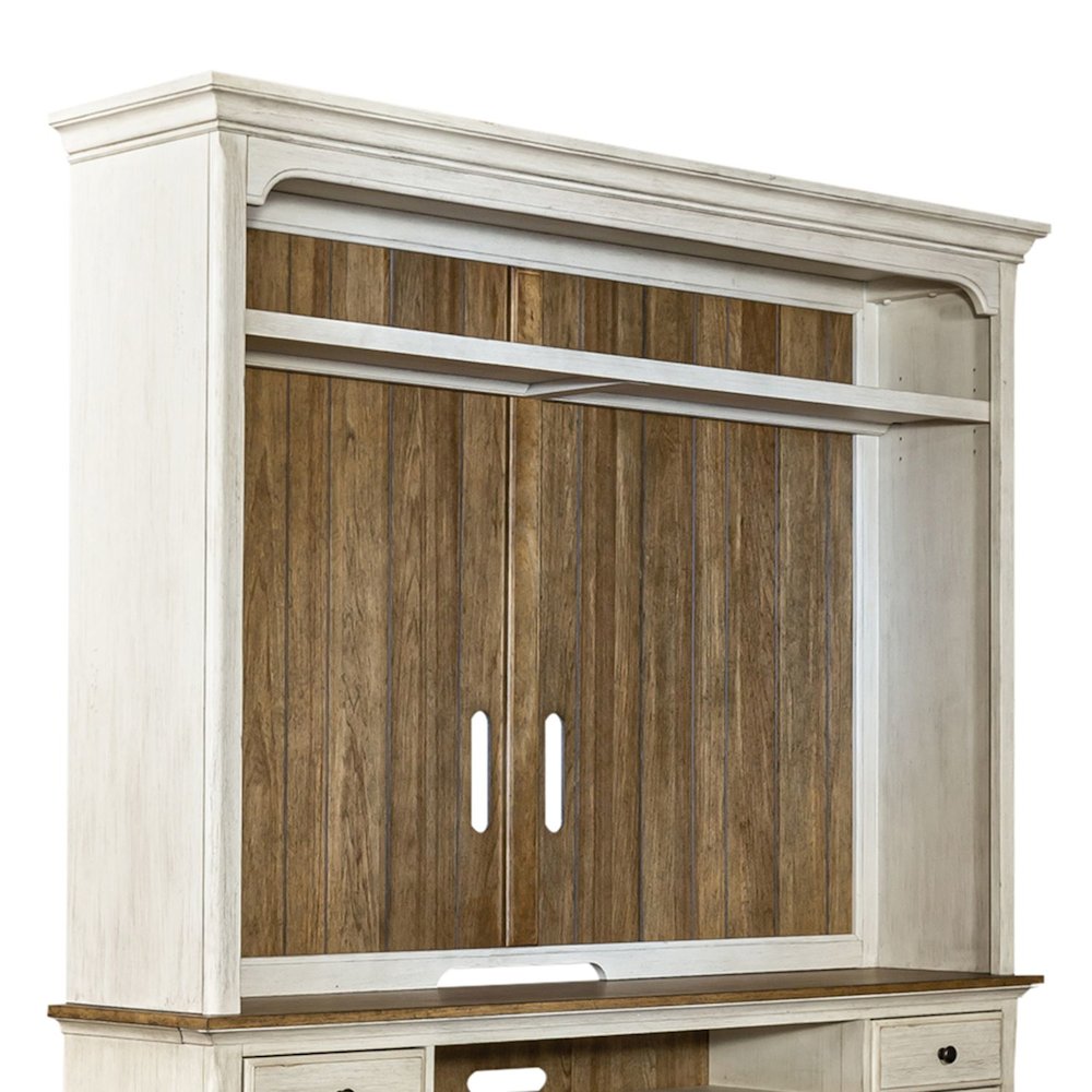 Farmhouse Reimagined Entertainment Center - Antique White with Chestnut Tops. Picture 6