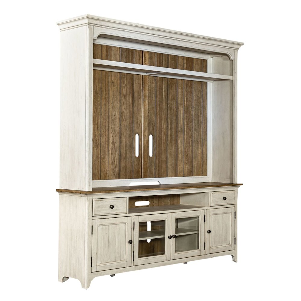 Farmhouse Reimagined Entertainment Center - Antique White with Chestnut Tops. Picture 1
