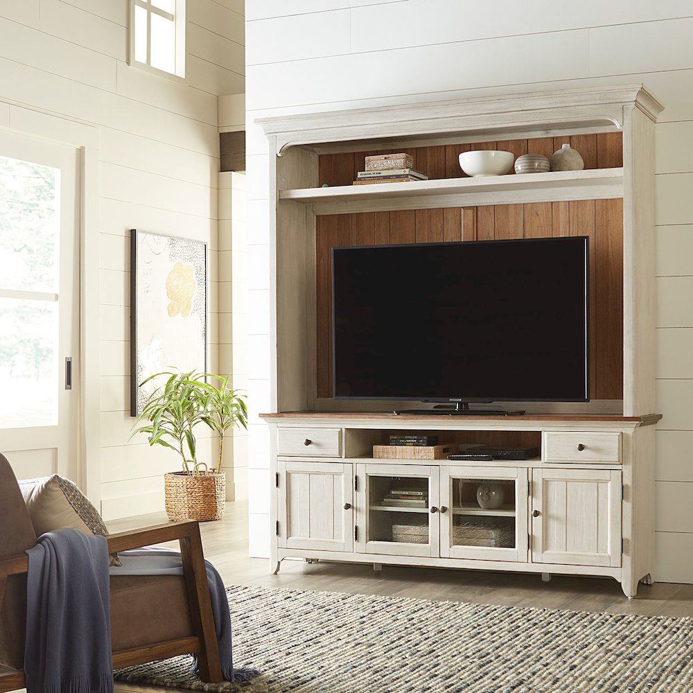 Farmhouse Reimagined Entertainment Center - Antique White with Chestnut Tops. Picture 8