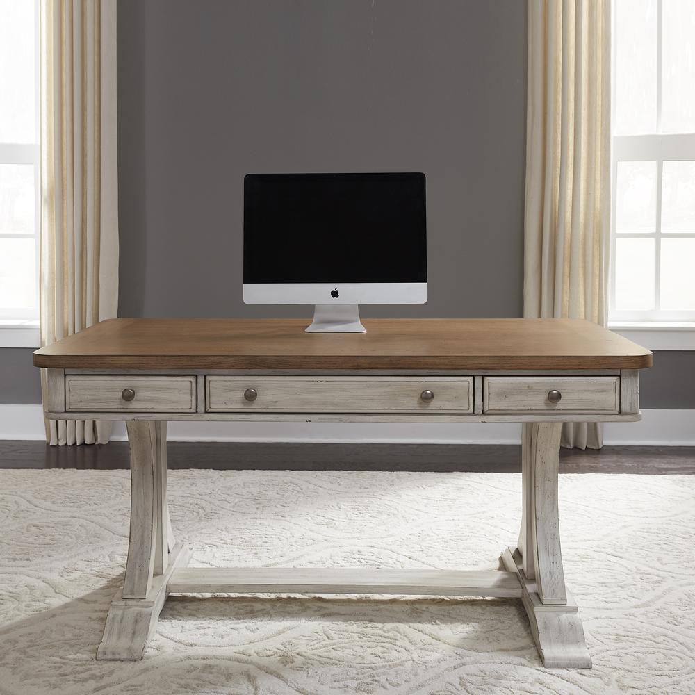 Farmhouse Reimagined Writing Desk in Antique White w/ Chestnut Top. Picture 4
