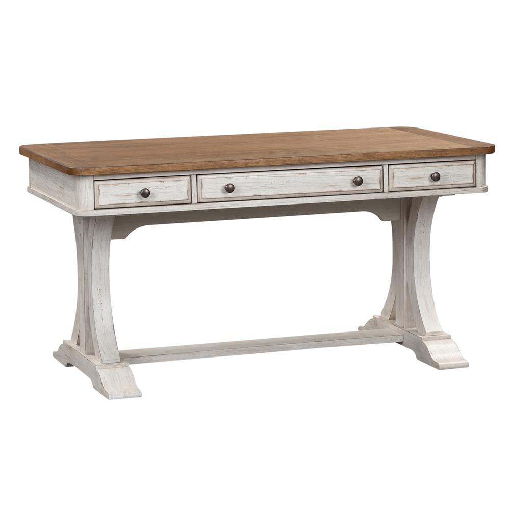 Farmhouse Reimagined Writing Desk in Antique White w/ Chestnut Top. Picture 1
