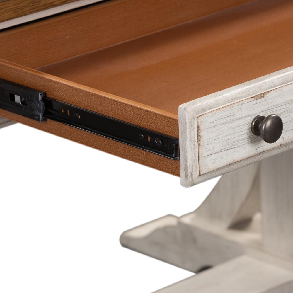 Farmhouse Reimagined Writing Desk in Antique White w/ Chestnut Top. Picture 6