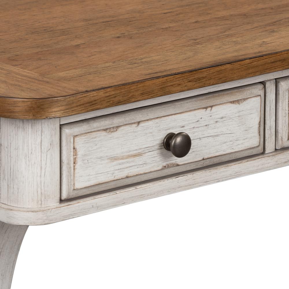 Farmhouse Reimagined Writing Desk in Antique White w/ Chestnut Top. Picture 5
