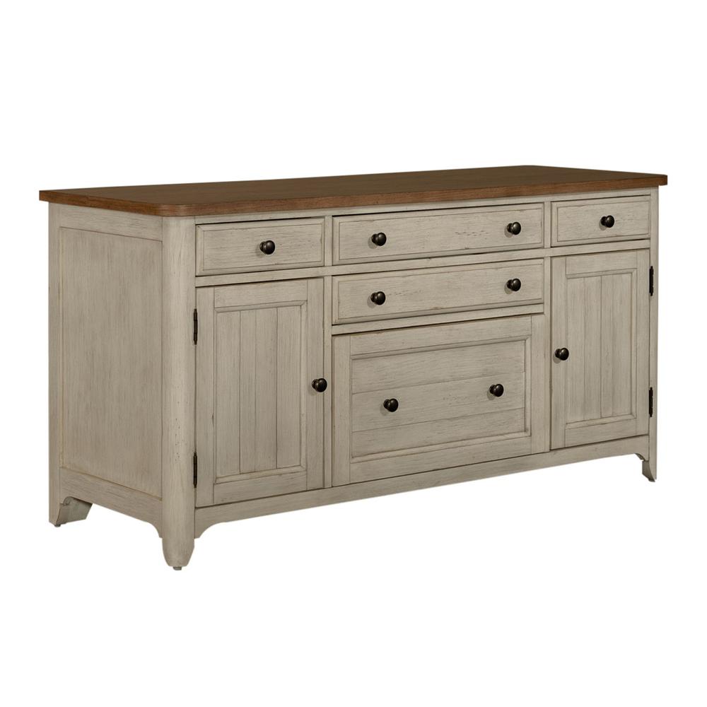 Farmhouse Reimagined Door Credenza in Antique White w/ Chestnut Top. Picture 1