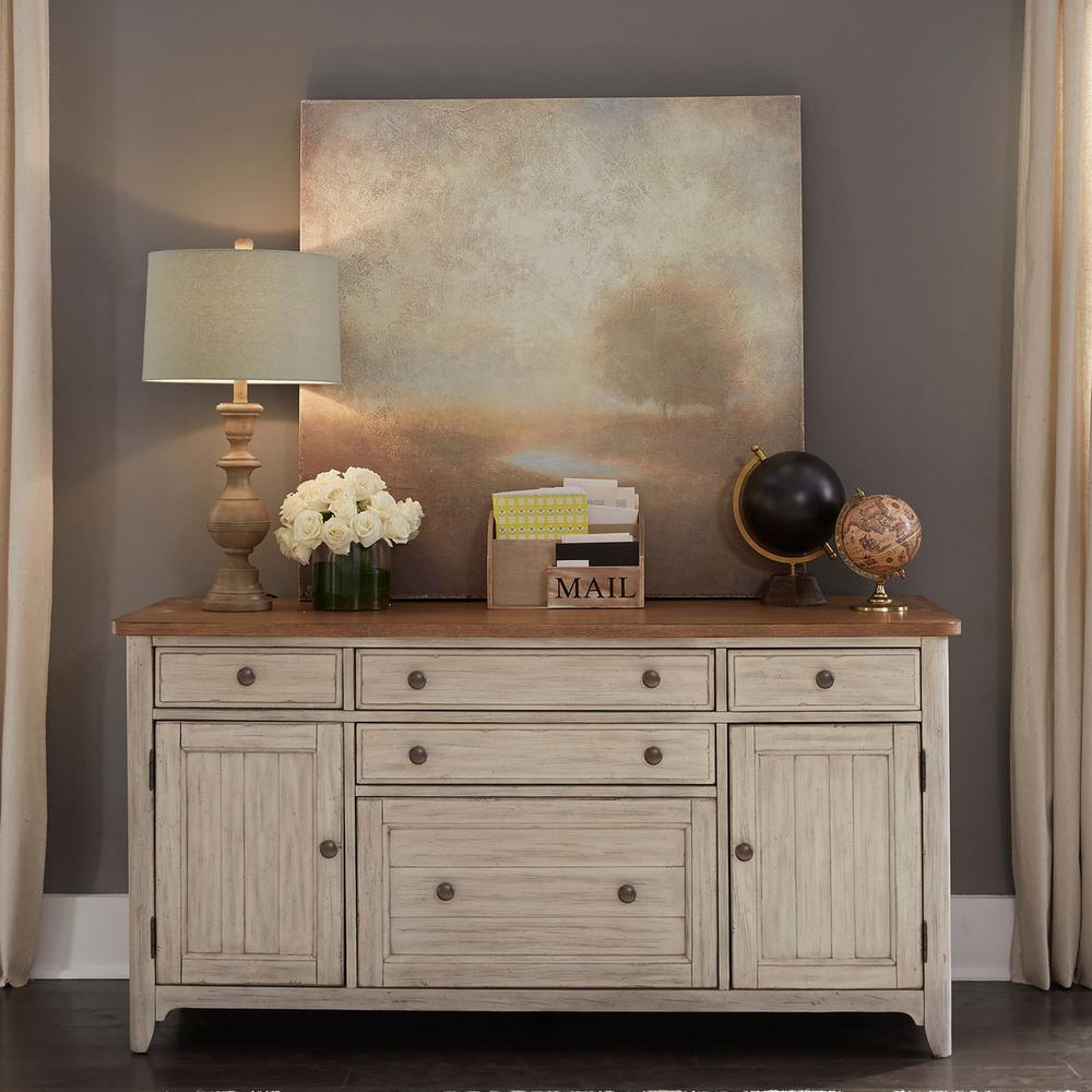 Farmhouse Reimagined Door Credenza in Antique White w/ Chestnut Top. Picture 2