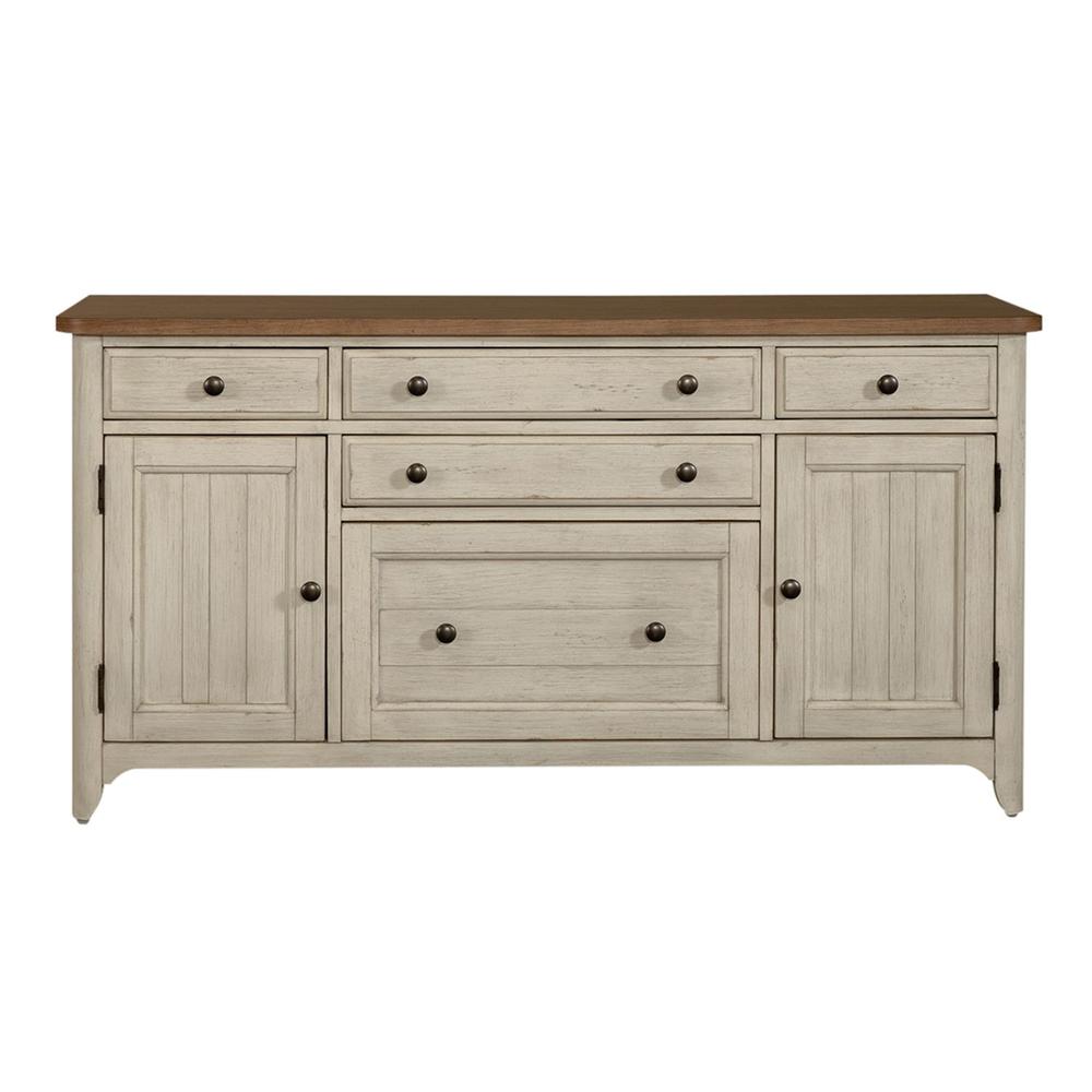 Farmhouse Reimagined Door Credenza in Antique White w/ Chestnut Top. Picture 3
