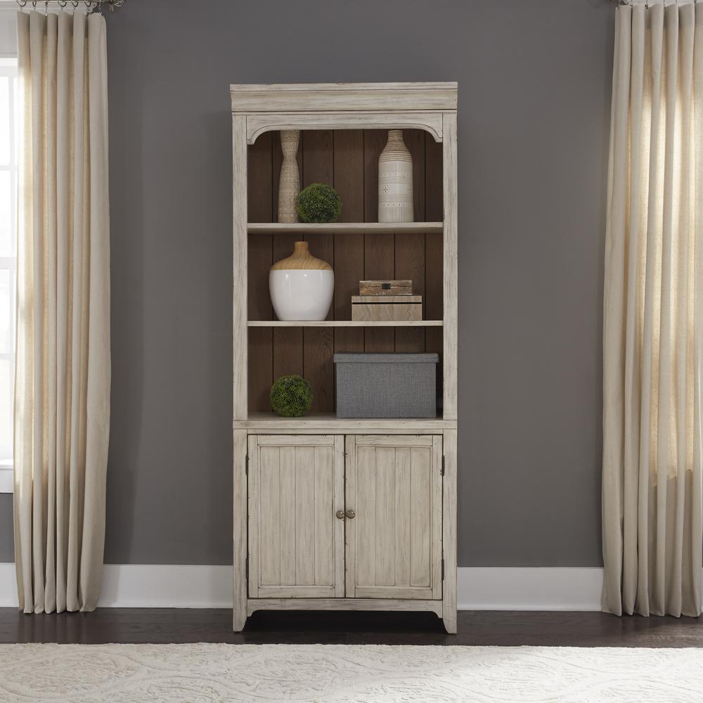 Farmhouse Reimagined Bookcase in Antique White w/ Chestnut Top. Picture 4