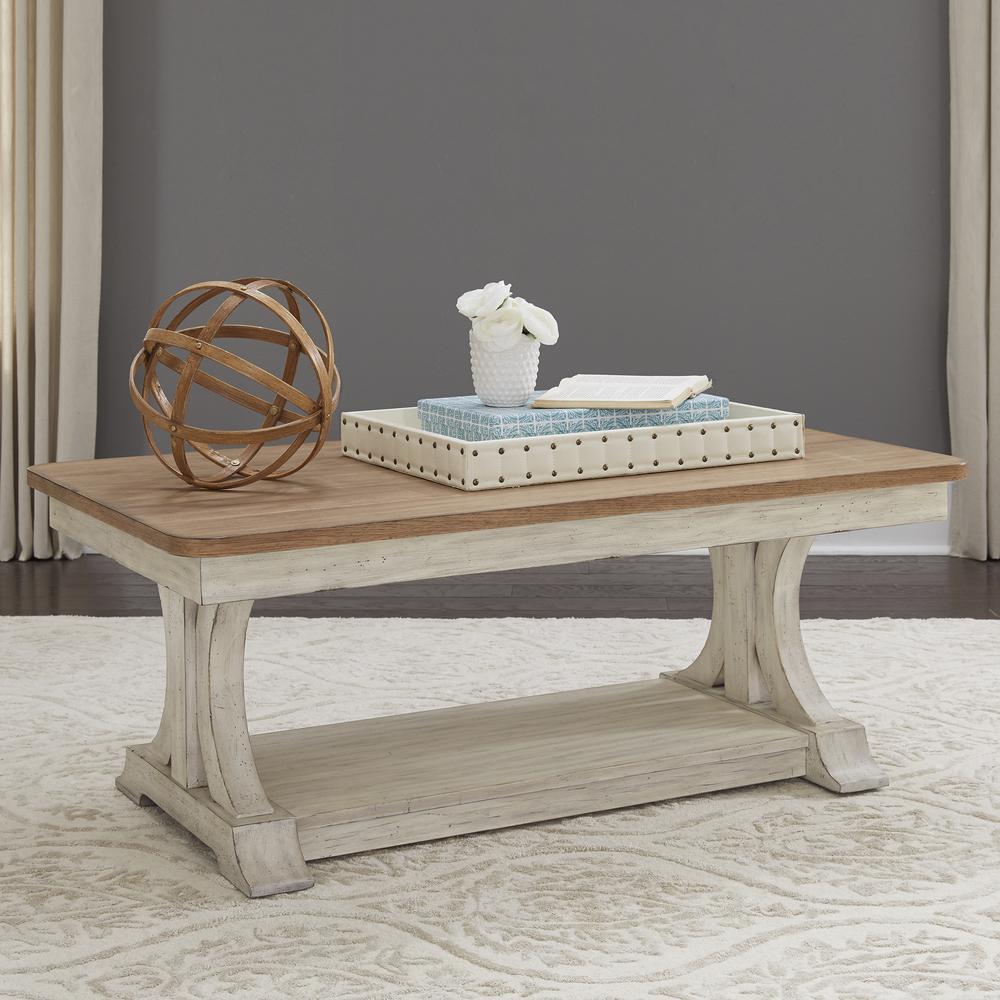 Farmhouse Reimagined Rectangular Cocktail Table in Antique White w/ Chestnut Top. Picture 2